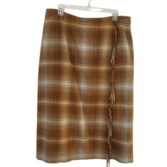 VTG Village Maxi Skirt Plaid Wool Blend Faux Wrap Fringe Lined Size 14 Tan Blue - Picture 4 of 14